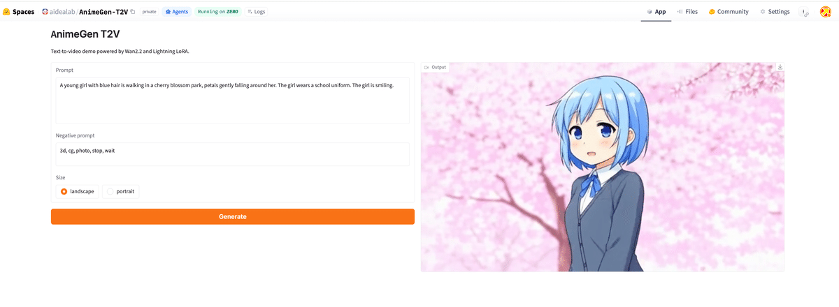 AnimeGen T2Vのデモ画面。左にプロンプト入力欄とネガティブプロンプト欄、画面サイズの選択、生成ボタンがあり、右の出力欄に桜を背景にした青髪の制服姿のアニメ調キャラクターが表示されている