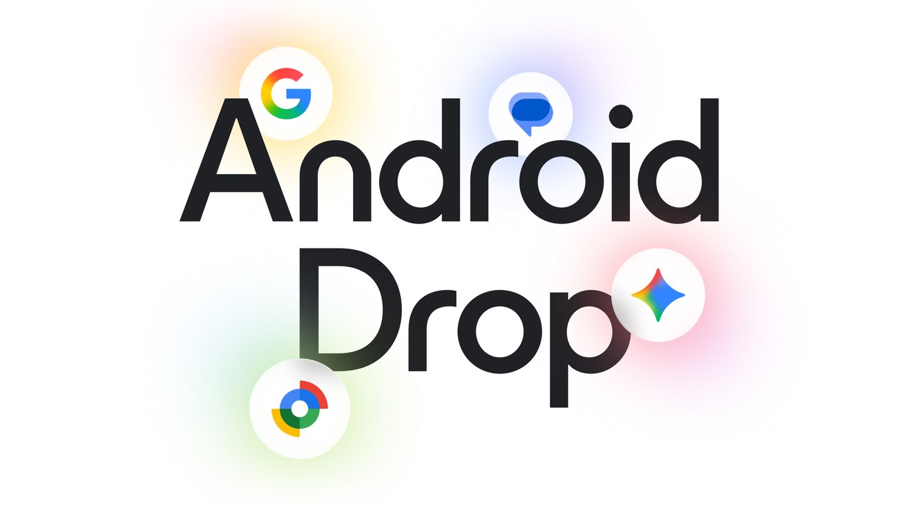 白背景に黒い太字で「Android Drop」と2行で書かれたタイトル画像。周囲にGoogleのGロゴ、青い吹き出しのメッセージアイコン、虹色の四芒星のGeminiアイコン、円形のGoogleフォトのようなアイコンが淡いにじみとともに配置されている