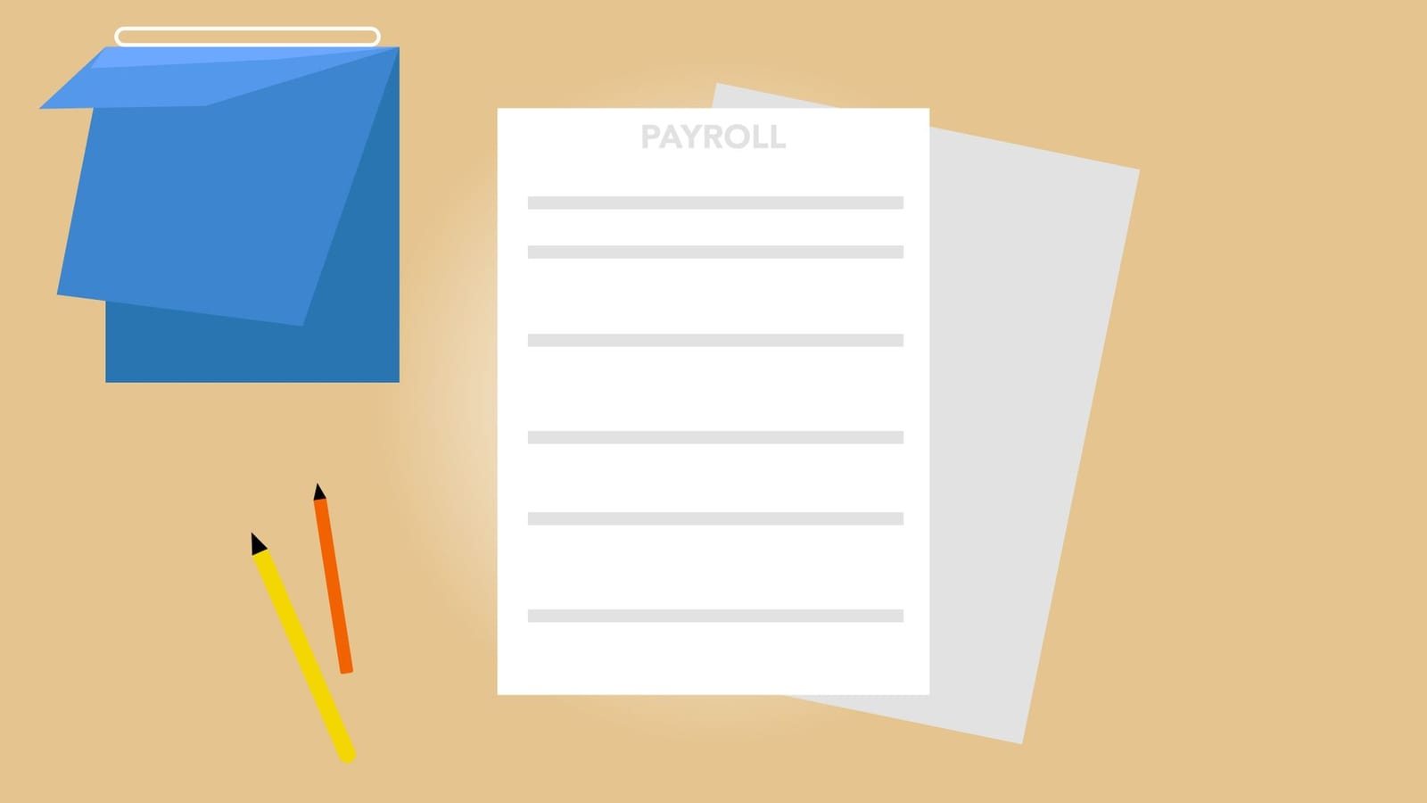 PAYROLLと書かれた書類とメモ帳・鉛筆を描いたイラスト