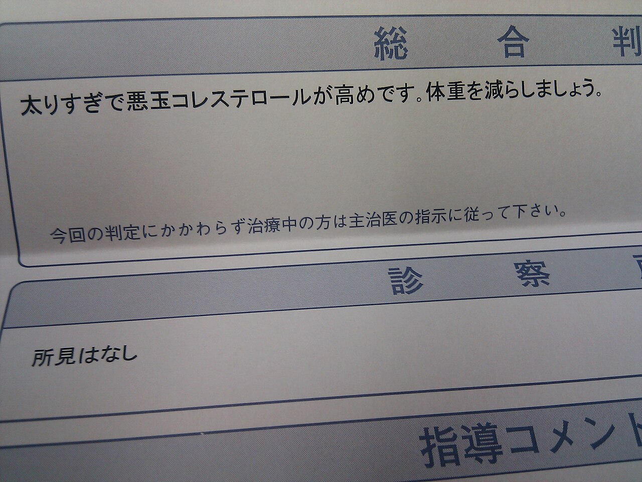 日本語の検査結果票を接写した写真で、コレステロールに関する記載が見える