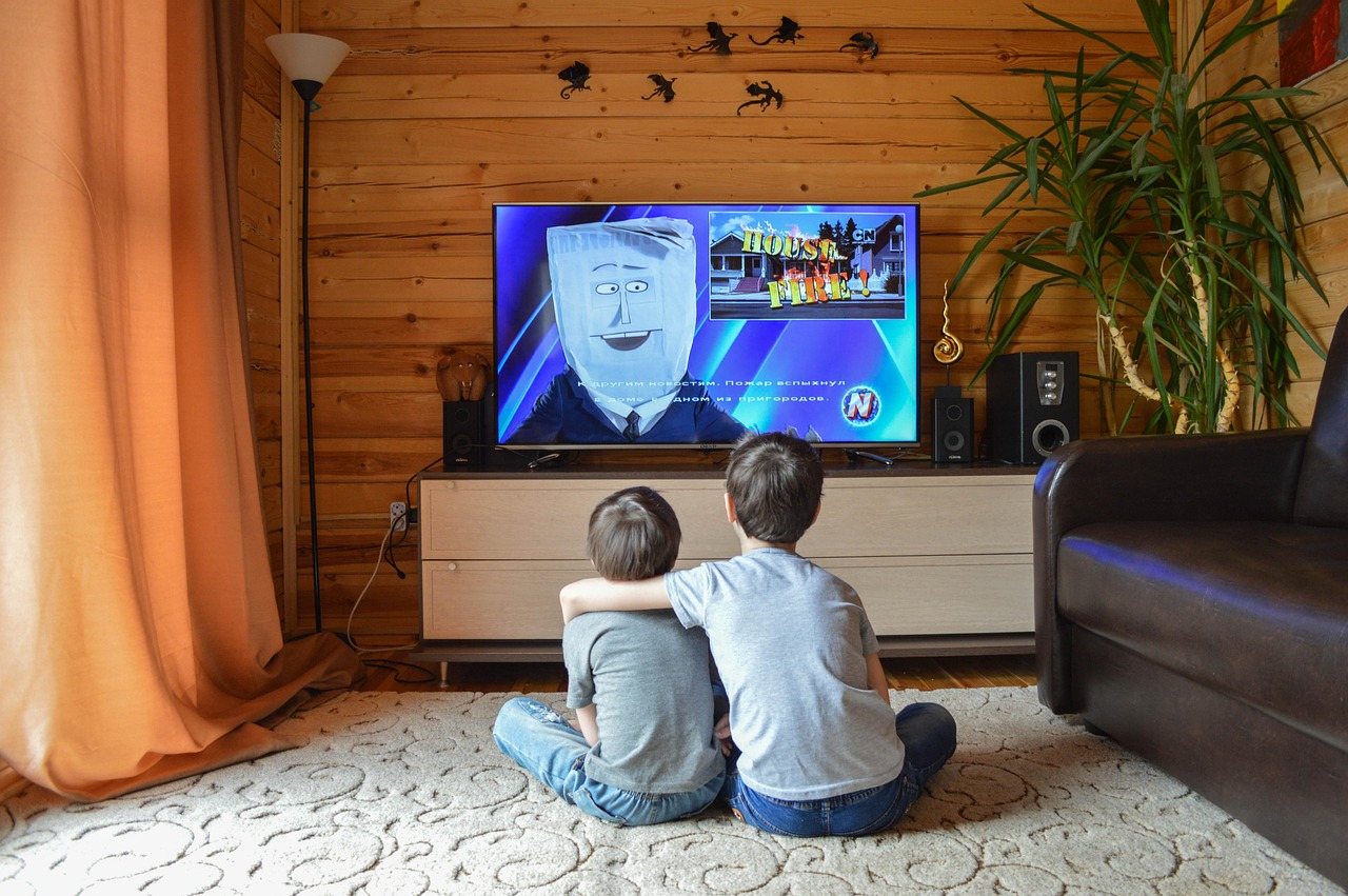 木目調の部屋で二人の子どもが後ろ姿でテレビ番組を見ている様子