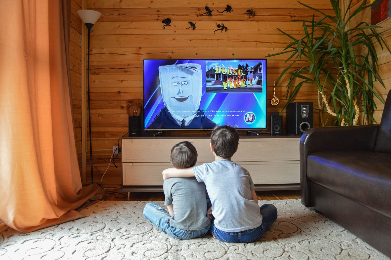 木目調の室内で2人の子供が後ろ姿でテレビ画面を見ている様子