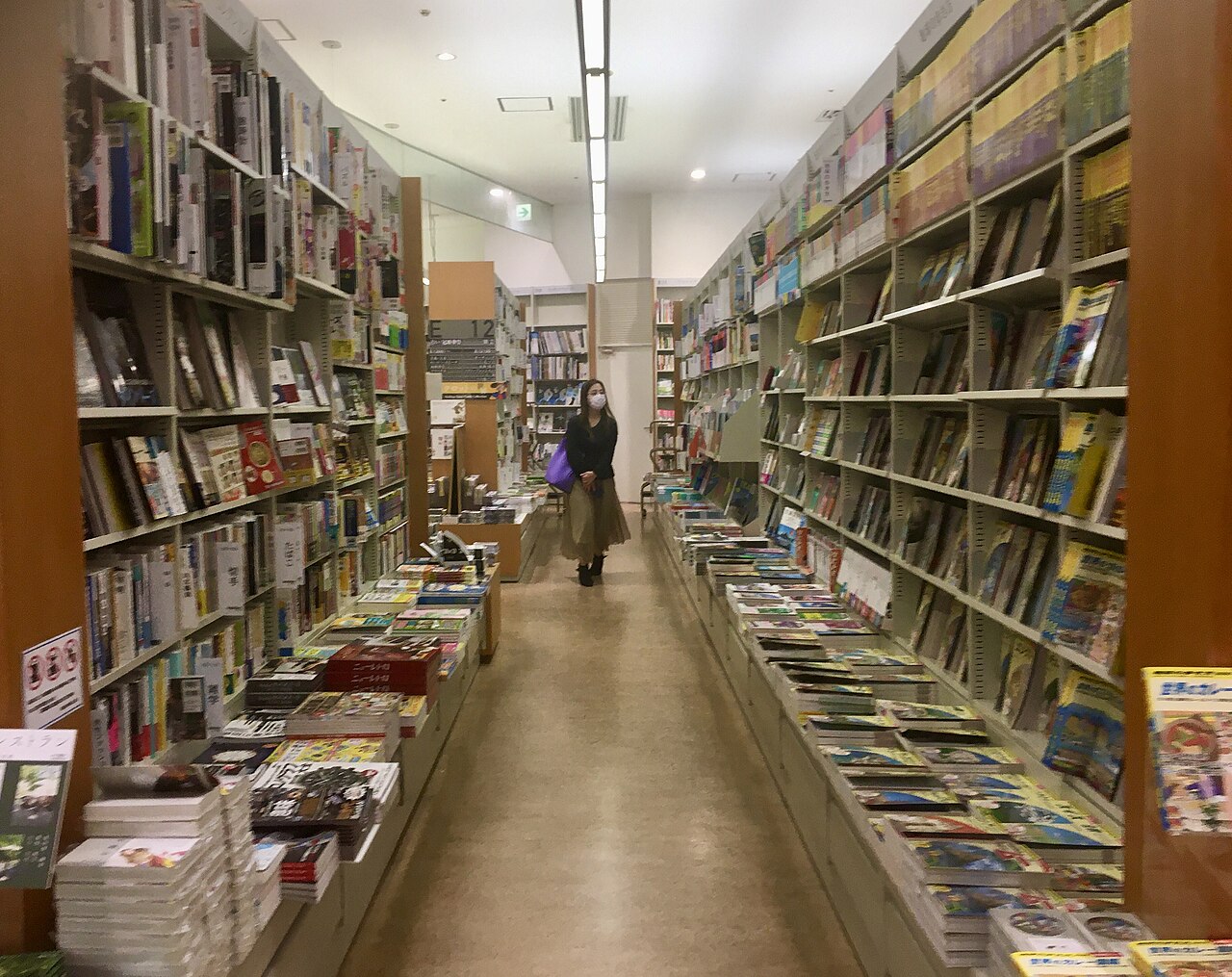 書店の通路で女性客一人が本棚を眺めている屋内の様子
