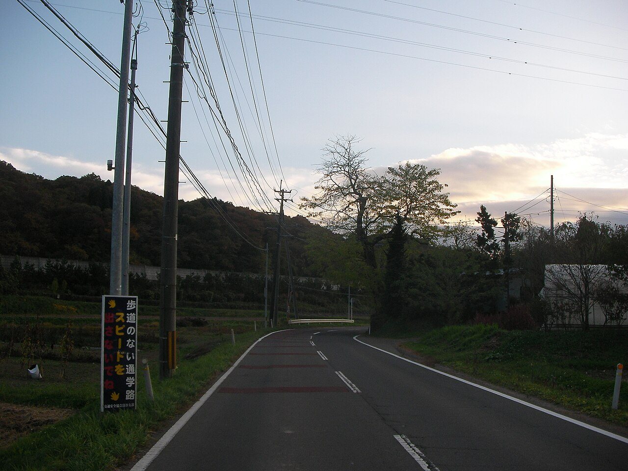 屋外の山あいの道路脇に「通学路」と書かれた看板が立っている、人はいない