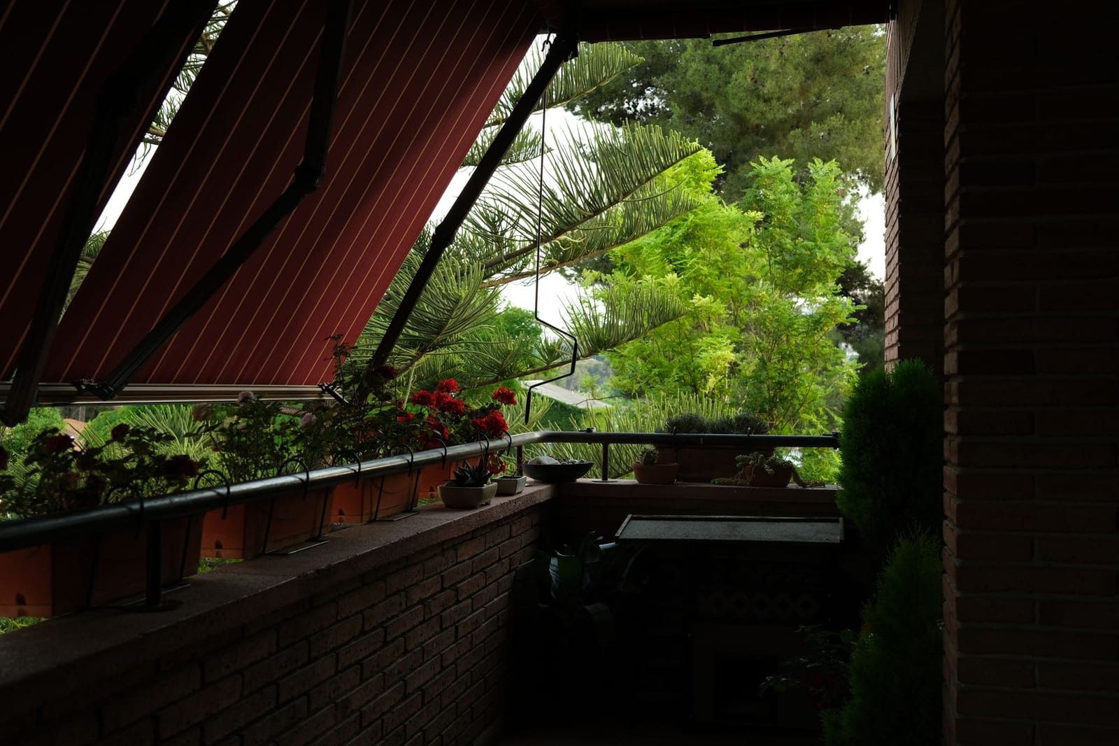 屋外、レンガ造りのベランダで赤いオーニングが開き植木鉢と樹木が見える写真。