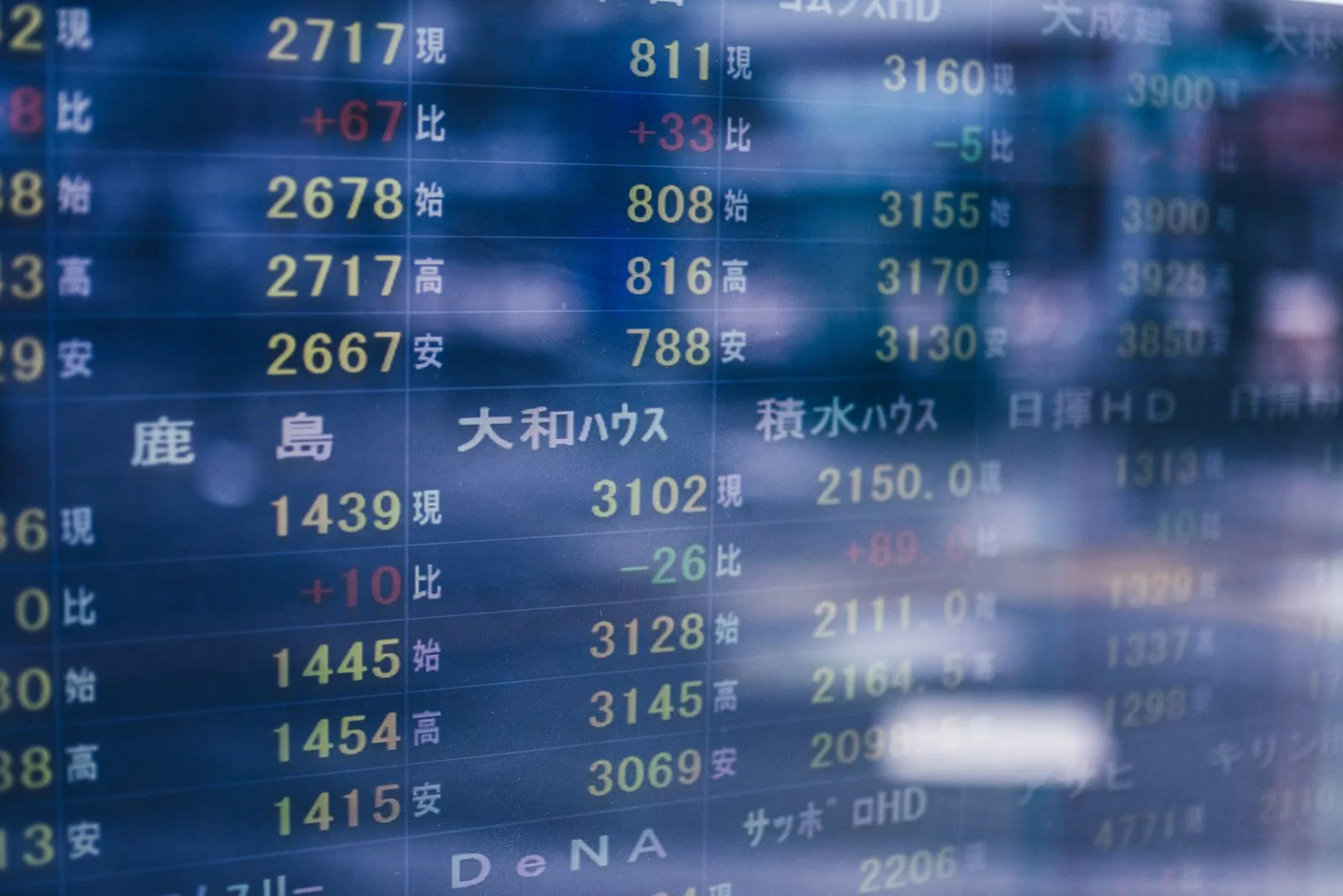 青い株価ボードに銘柄名と数字が並ぶ電光掲示板のアップ