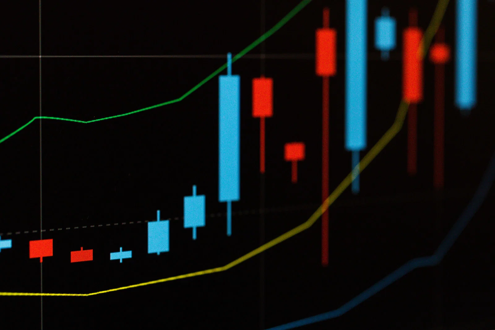 赤と青のローソク足が右肩上がりに並ぶ株価チャート画面のクローズアップ