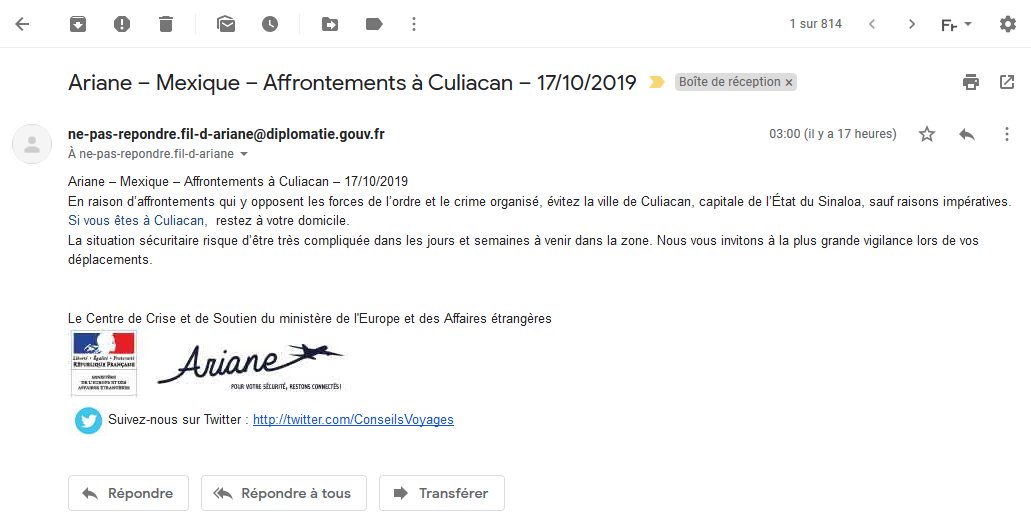 フランス外務省名義の注意喚起メールが表示されたメールソフトの画面
