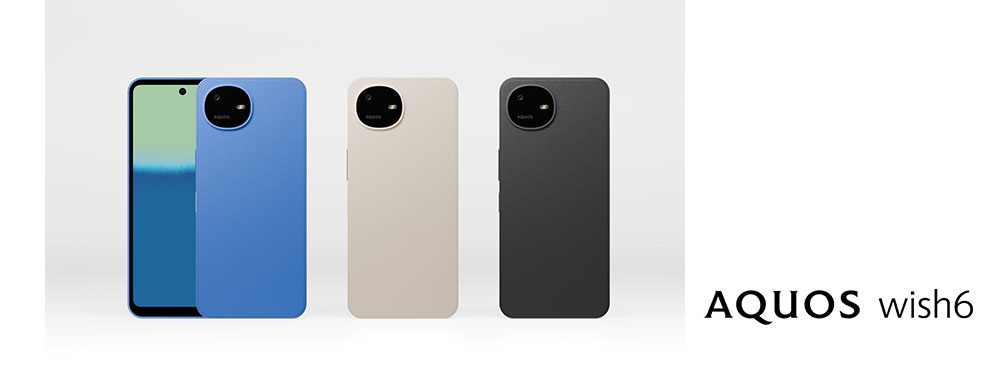 AQUOS wish6の製品画像。白背景に青・ベージュ・黒の3色の本体を背面向きに並べ、左端に青モデルの画面側を配置