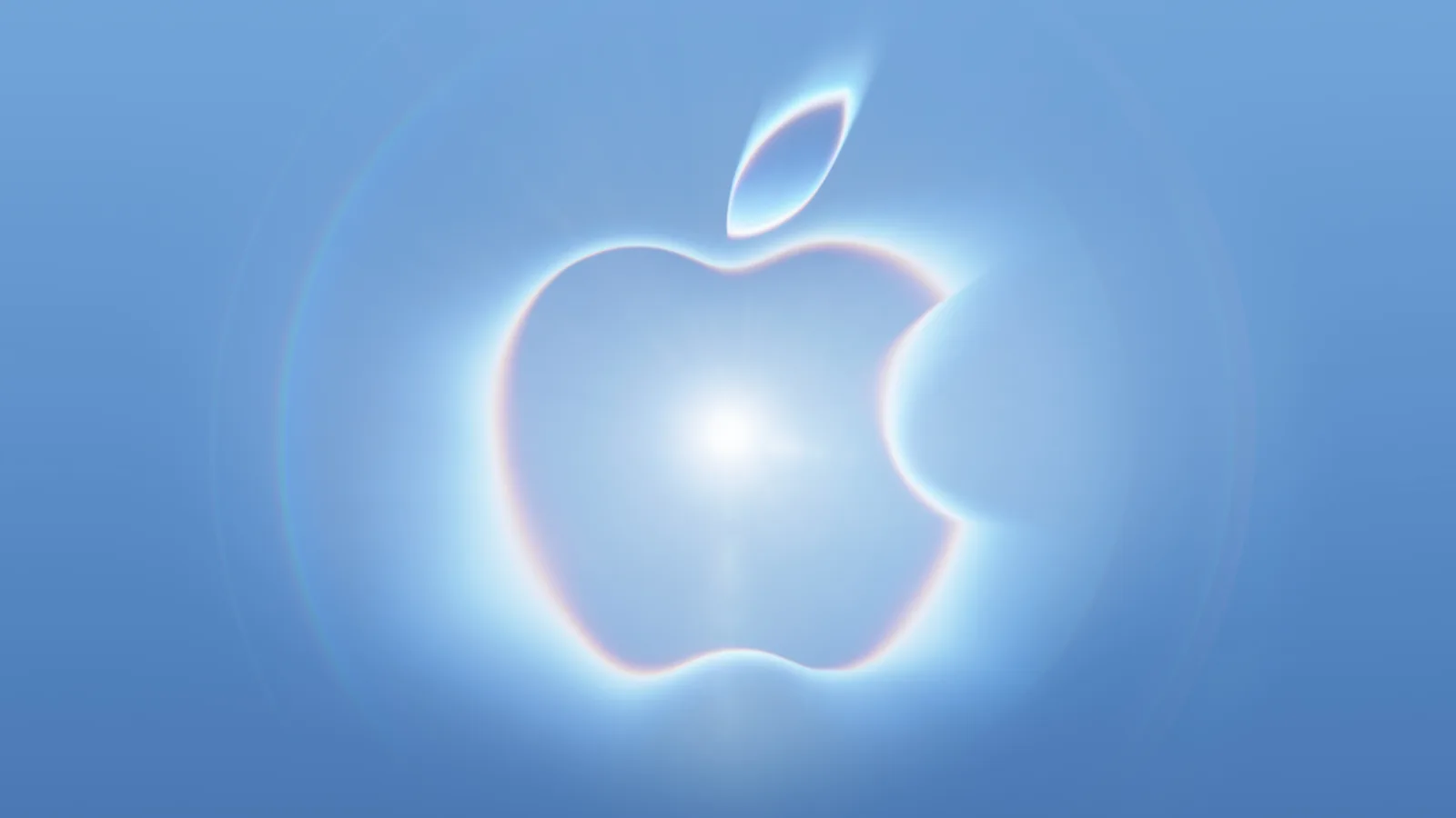 青いグラデーション背景の中央に、白く発光する輪郭で描かれたAppleのリンゴのロゴ