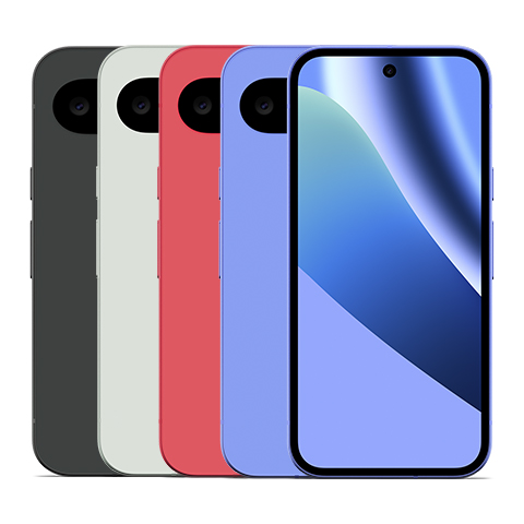 Google Pixel 10aの製品イメージ。同じデザインの端末5台が斜めに並び、4台は2眼カメラのある背面、右端の1台は前面を見せている